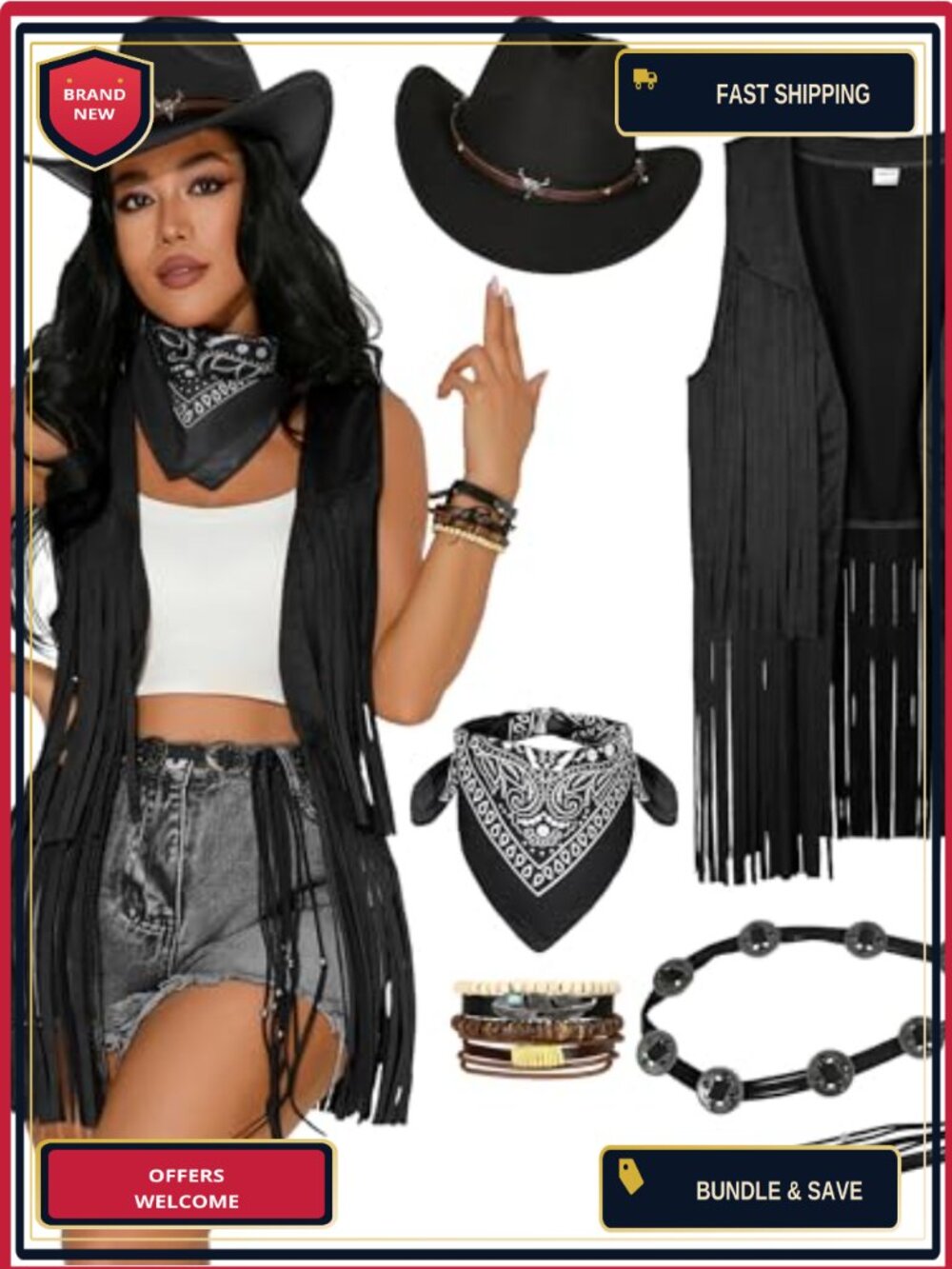 Womens 70s Western Cowgirl Costume 5pc Faux Suede Fringe Vest Felt Hat Scarf